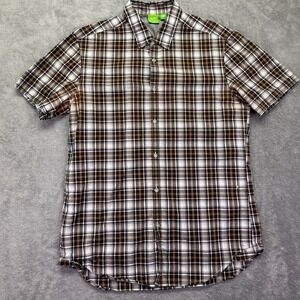Kids Hugo Boss‎ Plaid Short Sleeve Button Down Shirt Brown Blue Youth L